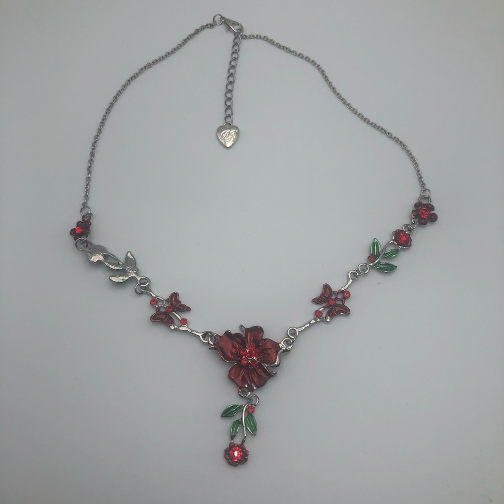 Betsey Johnson Red Flower Floral Cherry Blossom Silver Choker Necklace Silver